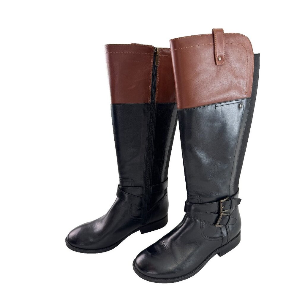 Marc Fisher Women’s‎ Tall Riding Boots Black W/ Brown Leather Buckle Zip Size 8M - Picture 1 of 12